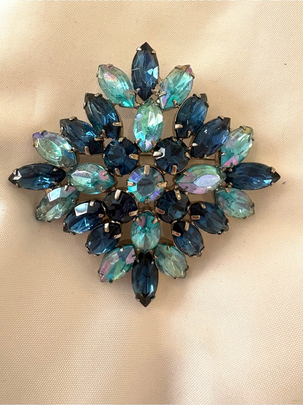 Vintage Blue AB Rhinestone Starburst Brooch Large Mid Century Statement Pin